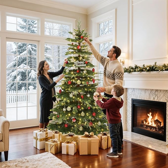 GOOBED Prelit Aspen Fir Realistic Christmas Tree 6.5ft with Remote Control, Pre-lit Hinged Xmas Tree with Glittering Diamond Tips, Holiday Decor for Holidays, Parties, Green