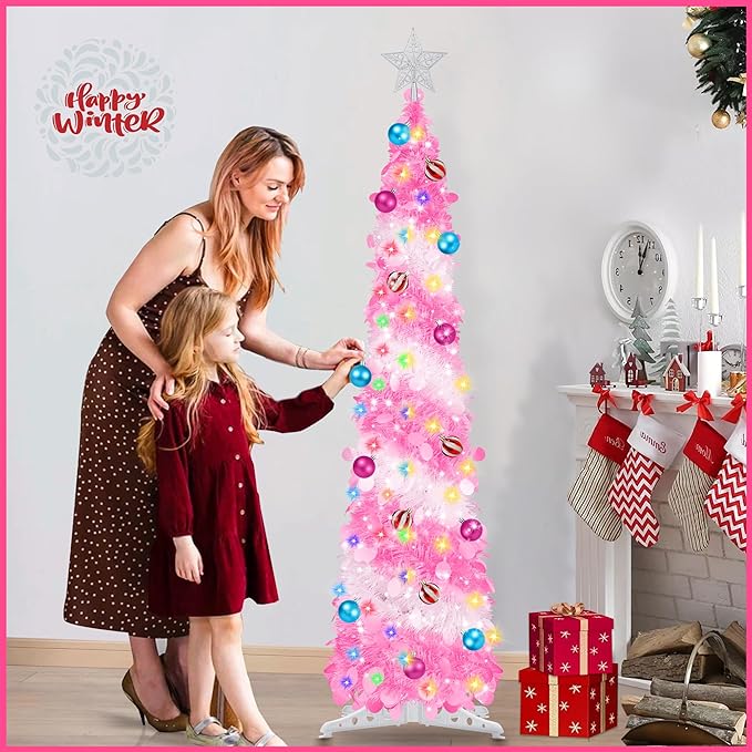 5FT Pop Up Christmas Tree with Timer 60 Warm White & Multi Color Fairy Light 3D Star 15 Ball Ornament, Pink White Tinsel Christmas Tree Slim Pencil Xmas Tree Home Office Holiday Decor Indoor Outdoor