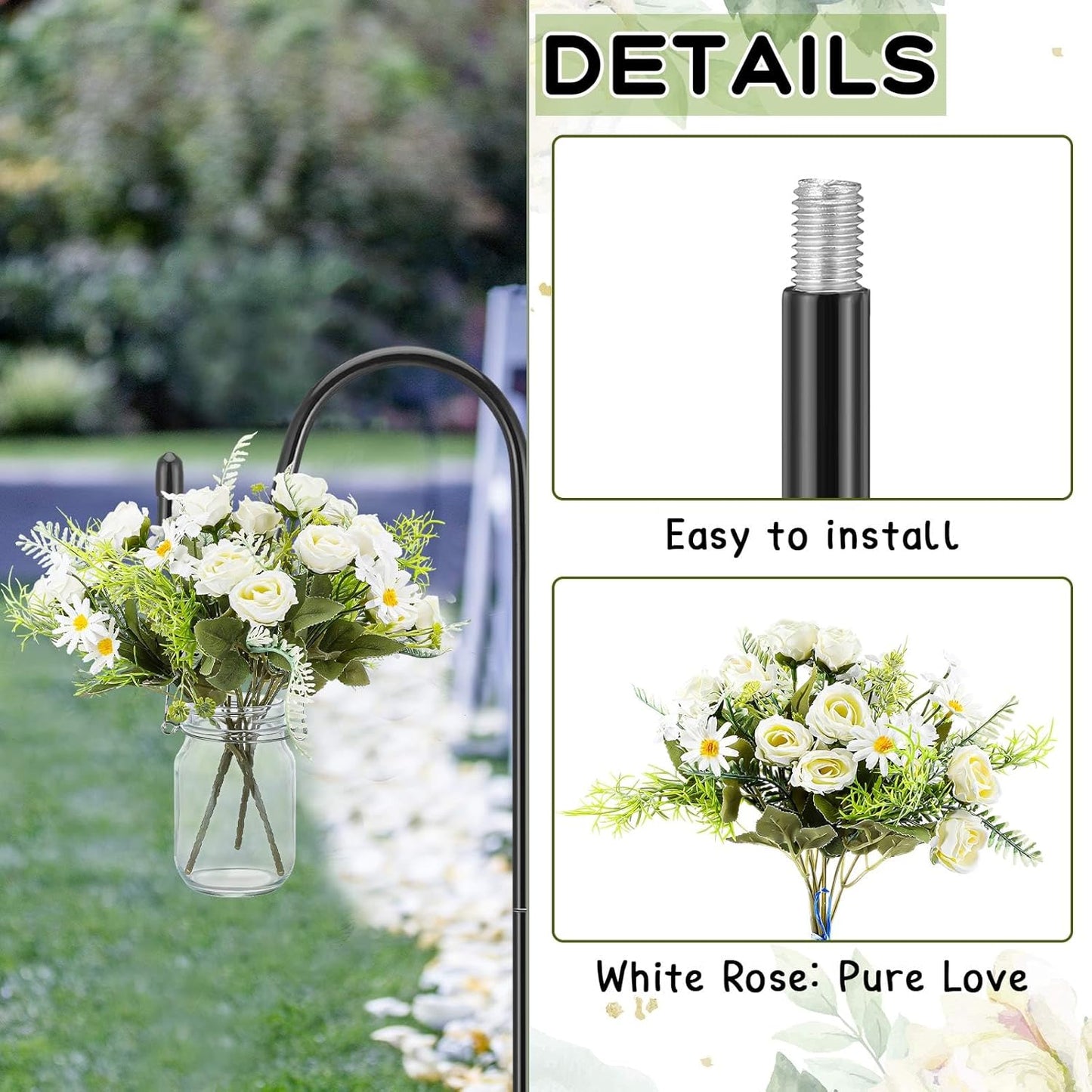 8 Sets Wedding Aisle Decoration Include 16 oz Rose Daisy Hanging Mason Jar 32" Shepherds Hooks Rustic Mason Jar with Faux Rose and Daisy for Outdoor Wedding Isle Ceremony Decorations