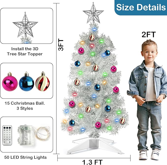 [Remote Control & 12 Modes] SURCVIO 3 Ft Christmas Tree with Timer 50 Four Color LED Lights DIY 15 Ball Ornaments Star Artificial Xmas Tree Indoor Outdoor Home Holiday Decorations (Silver)