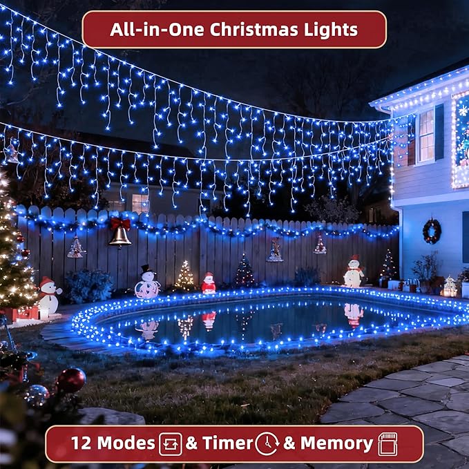 612 LED 60ft Christmas Lights with 136 Drops, 12 Lighting Modes Blue Christmas Decoration Twinkling Lights Dimmable, Timer Outdoor Waterproof Fairy Lights for Indoor Xmas Garden House Eaves Roof