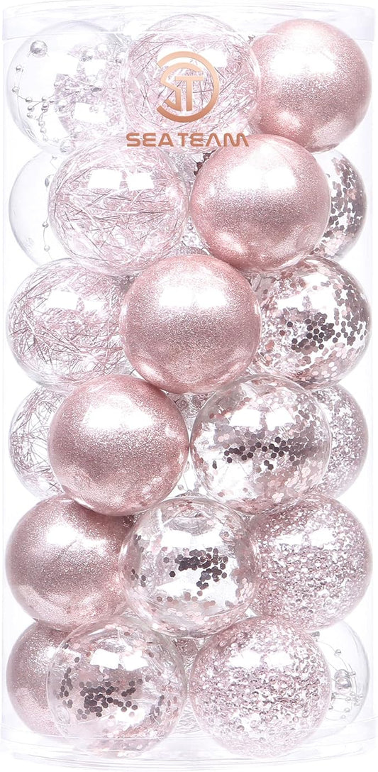 Sea Team Shatterproof Clear Plastic Christmas Ball Ornaments Decorative Xmas Balls Baubles Set with Stuffed Delicate Decorations (60mm/2.36 inch 30-Pack, Pinkish Gold)