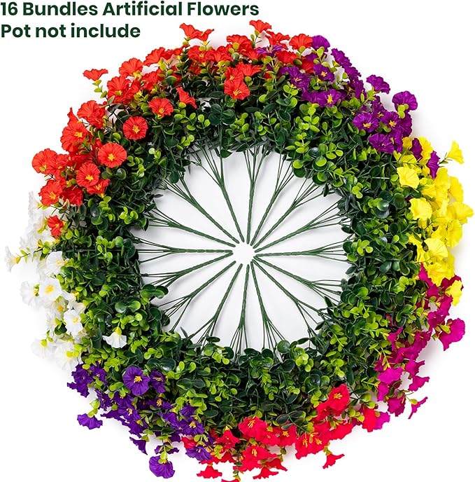 Artificial Faux Flowers for Outdoor 16 Bundles Boxwood Fake Morning Glory for Planter,UV Resistant Fake Flowers for Home Porch Patio Outside（7 Color）