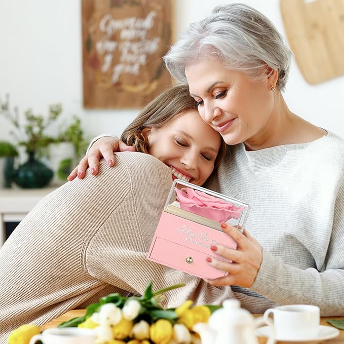 NEWNOVE Preserved Real Pink Rose with Angel Wings Necklace -Forever Flowers Gifts for Women Wife Girlfriend Mom and Grandma, Anniversary Birthday Gifts for Women