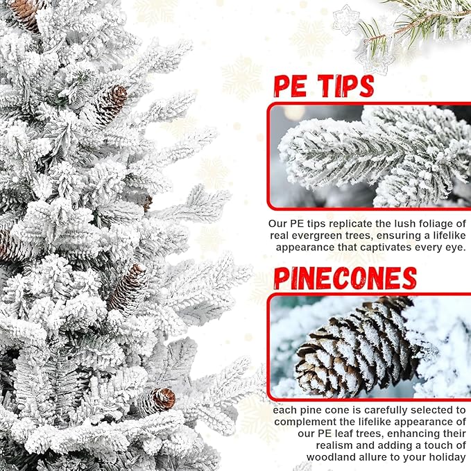 3FT Potted Flocked Christmas Tree, Snow Frosted Mini Tabletop Artificial Christmas Tree 365 PE & PVC Branch Tips for Front Door, Porch, Indoor and Outdoor