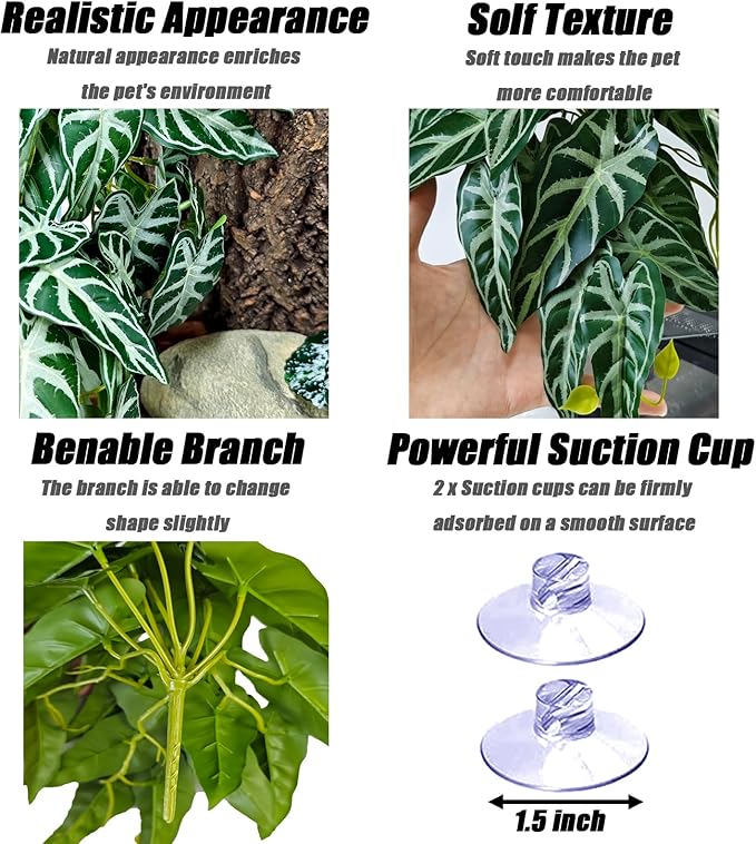 Woyrise Reptile Plants, Terrarium Hanging Plant Vines, Artificial Leaves with Suction Cup, Bearded Dragon Tank Accessories for Gecko Lizard Snake Frog Tortoise Decorations - Alocasia Velvet