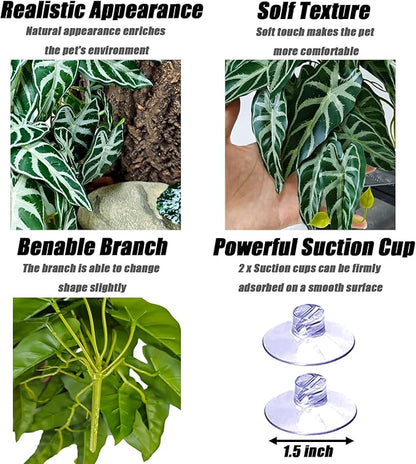 Woyrise Reptile Plants, Terrarium Hanging Plant Vines, Artificial Leaves with Suction Cup, Bearded Dragon Tank Accessories for Gecko Lizard Snake Frog Tortoise Decorations - Alocasia Velvet