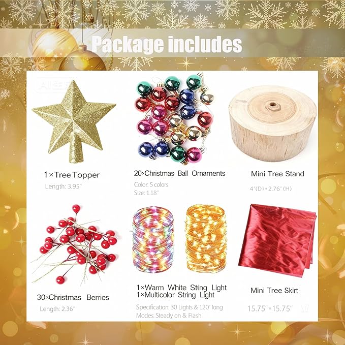 24 Inch Tabletop Christmas Tree, Artificial Mini Xmas Pine Tree with LED String Lights and Ornaments,Christmas Decoration Tree Decor-Red