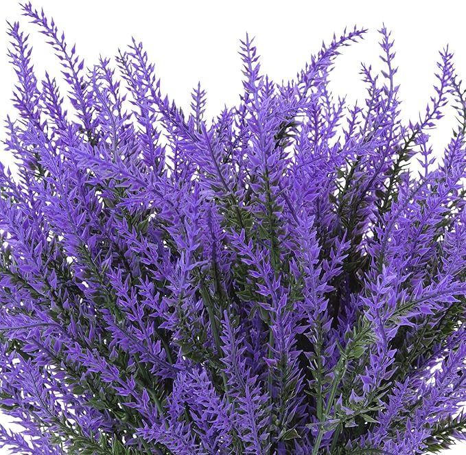 Ouddy Decor 12 Bundles Artificial Lavender Fake Flowers Faux Plastic Plants for Home Wedding Kitchen Garden Patio Window Box Office Table Centerpieces Indoor Outdoor Decor, Purple