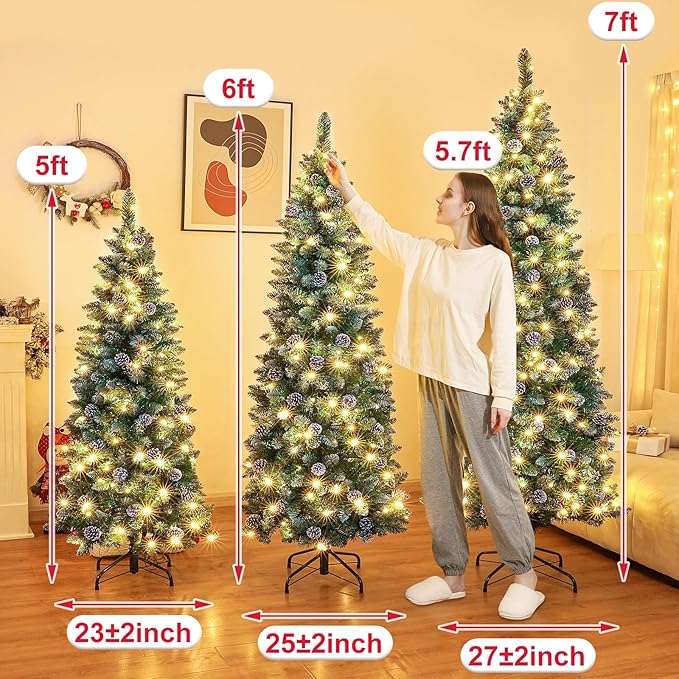 Homde Pencil Christmas Tree 7 Foot Pre-Lit Artificial Christmas Tree with Flocked Snow Pine Cone 210 Warm White Light Holiday Decor