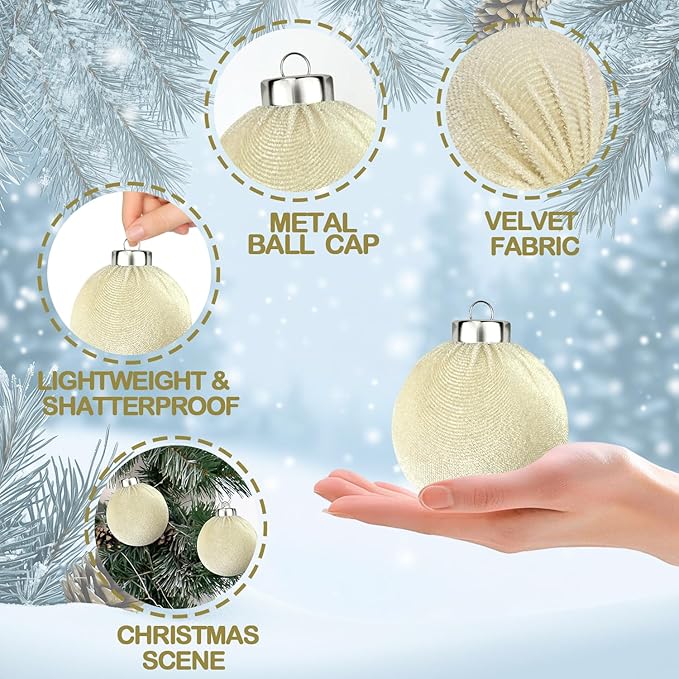 Beige Velvet Christmas Ball Ornaments for Tree 15 PCS, Large Neutral Flocked Christmas Bulbs Ornaments Set 3.15 Inch, Shatterproof Xmas Hanging Baubles Decorations (Beige)