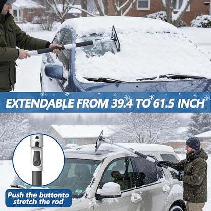 Extra Long 61.5" Ice Scrapers for Car Windshield, Extendable Snow Shovel and Snow Brush for Trucks with 180° Pivoting Brush Head, Portable Winter Snows Removal Tools for Trucks Cars SUVs Vehicle