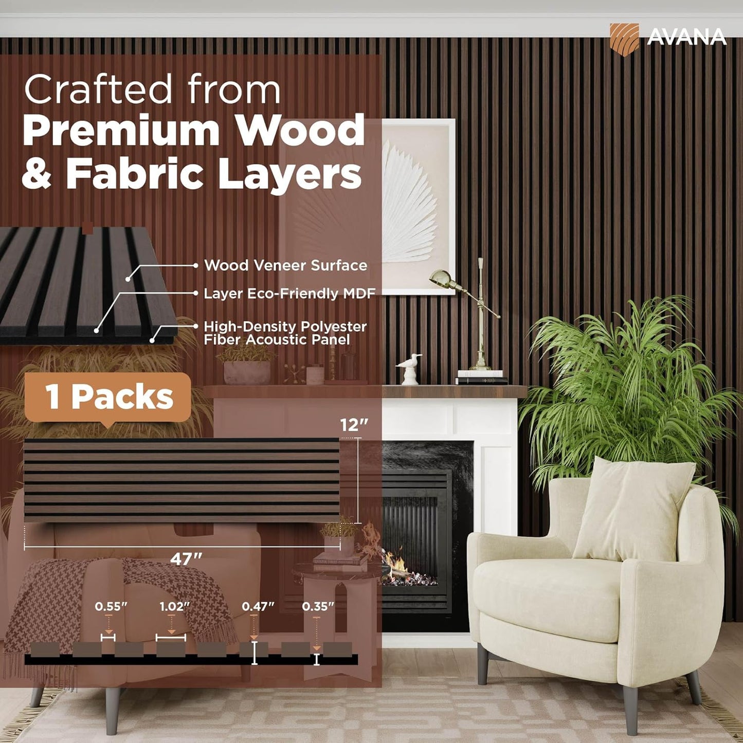 Avana Modern Acoustic Wood Wall Panels – 47.2X12.6 Inch Dark Walnut Acoustic Panels 1 PC – Wall Panels For Interior Wall Decor For Homes, Offices, Studios – Sturdy And Durable Wood Panels For Wall