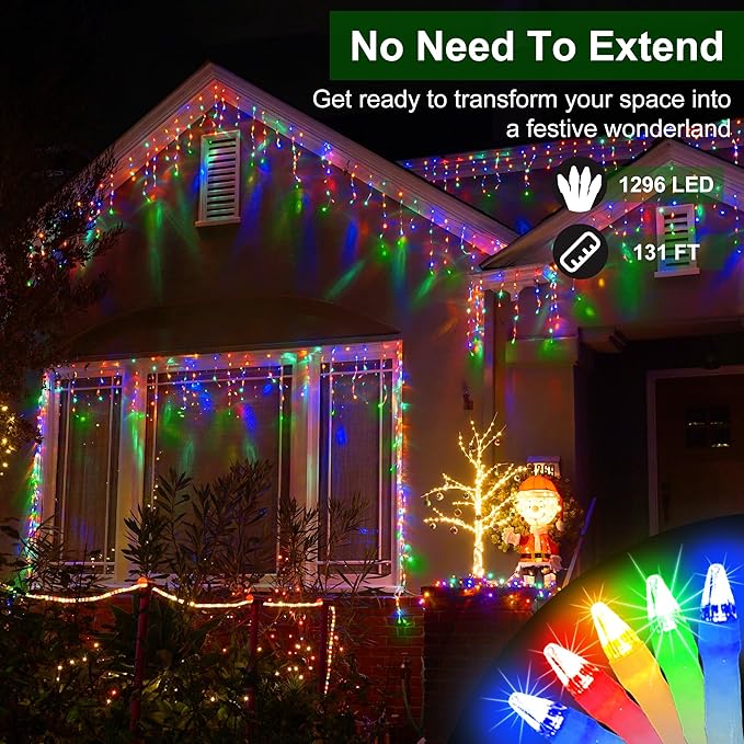 1296 LED Outdoor Christmas Lights with 288 Drops, 131FT ChristmasLights with 8 Modes Timer, Christmas Twinkly Lights IP44 Waterproof for Eaves Yard Room Holiday Wedding Party Decor (Multicolor)