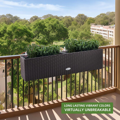 Dexceder 31.5 Inch Rattan Self Watering Planter Indoor Outdoor, Thickened Large Rail Flower Plant Pot Window Box with Water Level Indicators & Bracket (Brown)