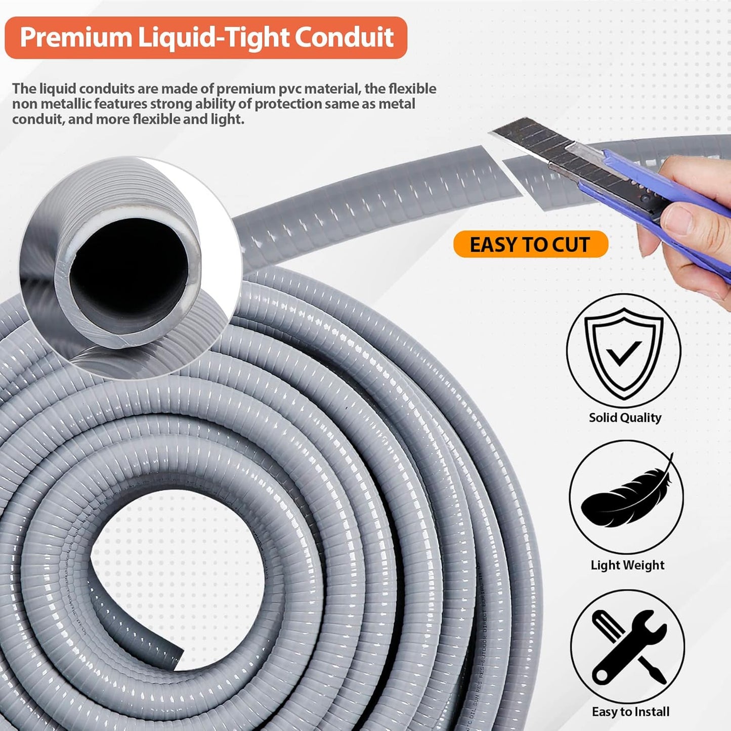 Liquid-Tight Conduit and Connector Kit 1/2inch 150ft, Flexible Non Metallic Liquid Tight Electrical Conduit w/UL Certification, Electrical Conduit Kit with 5 Straight, 5 Angle Fittings