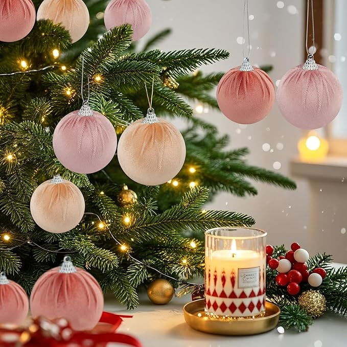 Woration 9pcs Velvet Fabric Christmas Decoration Balls 2.36inch Xmas Hanging Ornaments Assorted Light Color Balls for Garlands Tree Wedding Party