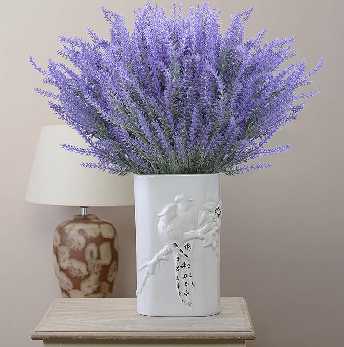 Ouddy Decor 24 Bundles Artificial Lavender Fake Flowers Faux Plastic Plants for Home Wedding Kitchen Garden Patio Window Box Office Table Centerpieces Indoor Outdoor Decor, Gray Purple