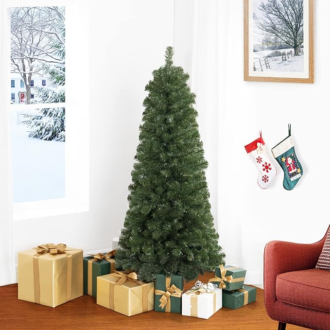 Vienna 4.5ft Prelit Slim Artificial Christmas Tree with 444 Branch Tips, 150 Warm Lights and Metal Stand, 25" Wide Realistic Skinny Pencil Christmas Tree with Lights by Naomi Home