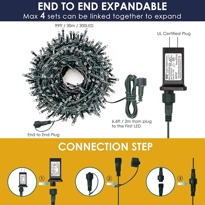 Decute 300LED Christmas String Lights Outdoor Waterproof 105FT UL Certified with End-to-End Plug 8 Modes, Cool White Indoor Starry Fairy Lights for Christmas Tree Patio Garden Wedding Party Decor