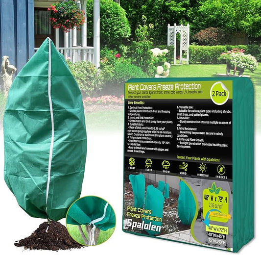 2 Pack Plant Covers Freeze Protection, 48"W x 72"H Winter Frost Blanket 2.36 oz/yd² Fabric Frost Cloth Tree Covers Shrub Jacket Bag with Zipper & Drawstring for Plants Fruit Tree Shrub Potted - Green
