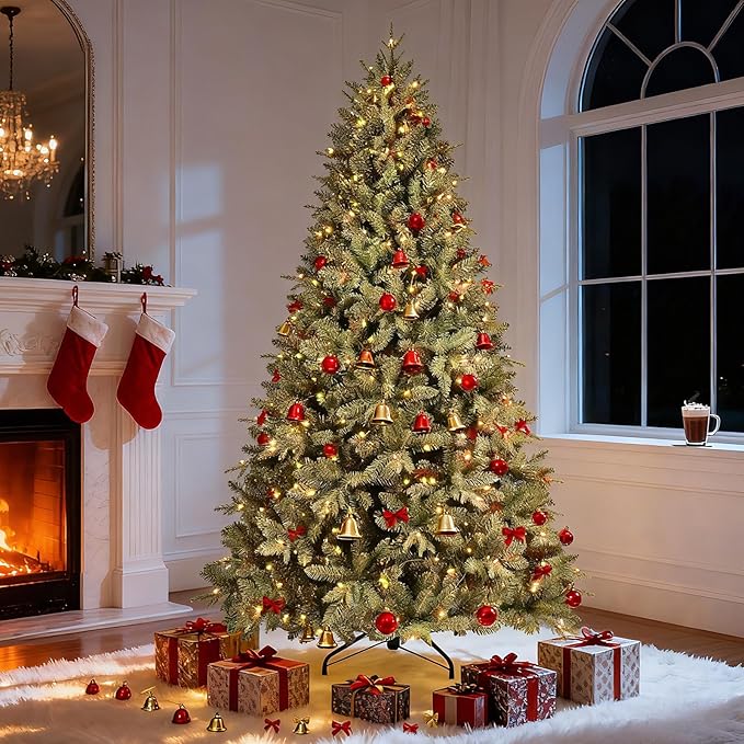 7.5 FT Prelit Christmas Tree with 550 Warm White Lights, 2359 PE&PVC Mixed Branch Tips, Hinged Premium Spruce Artificial Xmas Trees, Green, Foldable Base