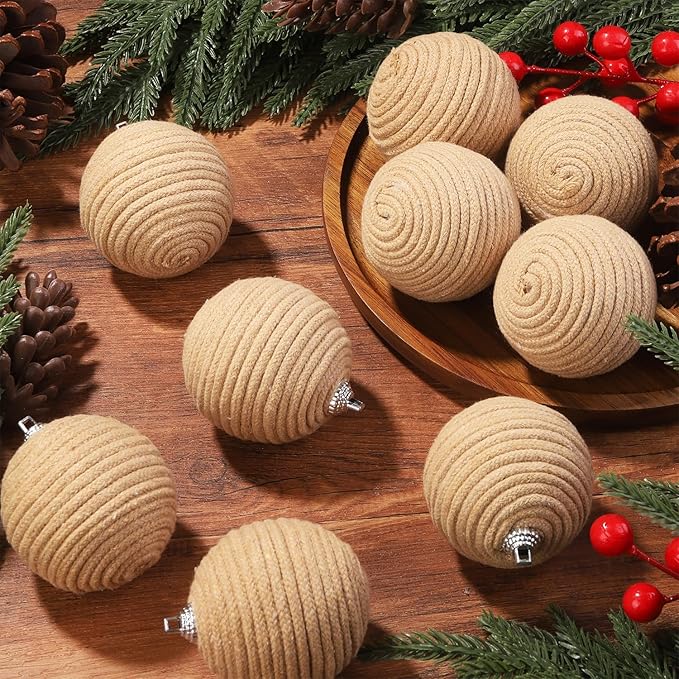 JOICEE 9 Pcs Boho Christmas Ball Ornaments Set, Jute Rope Hanging Balls Neutral Rustic Ornaments Christmas Ball Decoration for Xmas Tree Wreath Garland Party Farmhouse Decor(Linen)
