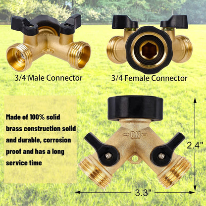 Biswing 2 Pack Garden Hose Splitter 2 Way, Heavy Duty Brass Connector Tap Splitter, Y Splitter 2 Valves with 4 Extra Rubber Washers