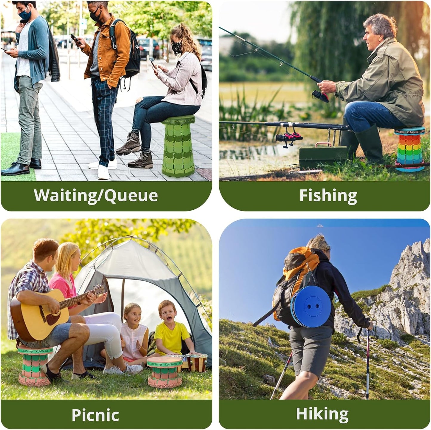 Retractable Folding Stool - Heavy Duty 400 lb Collapsible Portable Stool for Camping, Hiking, Fishing, Indoor/Outdoor with Non-Slip Base and Lightweight Design (Light Green, 2-Pack)