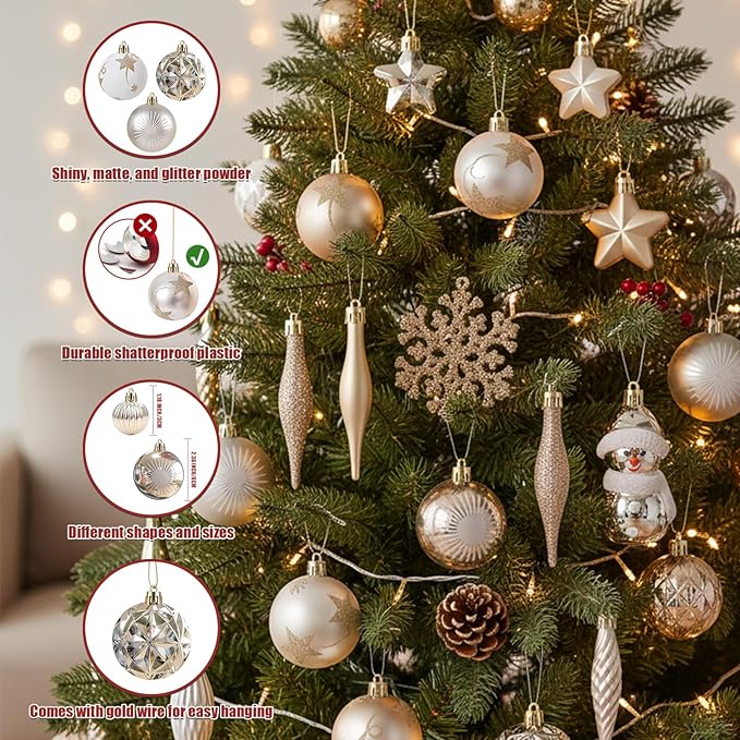 Christmas Ornaments Set,48Pcs Shatterproof Christmas Tree Ornaments Balls,Versatile Hanging Christmas Balls Ornaments,for XmasTrees,Wreath Garland,Holiday Party, Home Decor(White Gold)