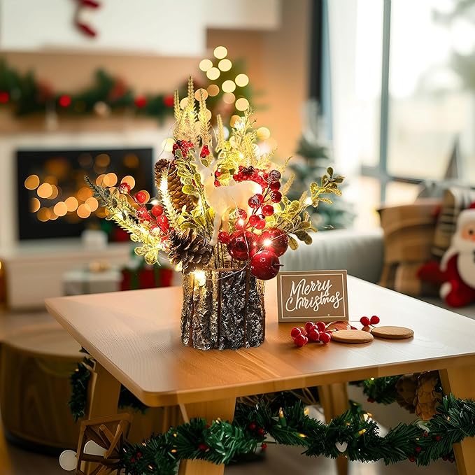 Xmas Decor Small Christmas Tree with Lights - Artificial Tabletop Lighted Mini Christmas Tree with Christmas Ornaments Gnomes Indoor for Office Desk Home Decorations