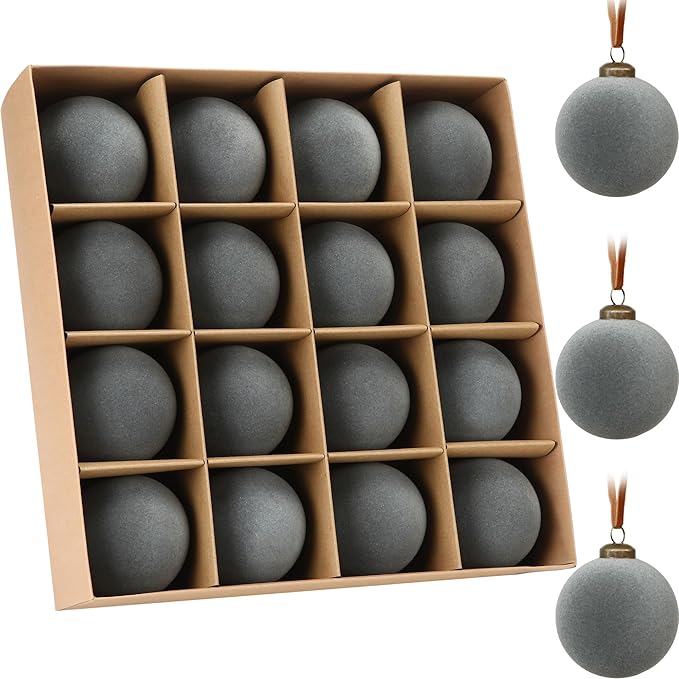 Sea Team 16-Pack Flocked Velvet Christmas Tree Ball Ornaments Set, Hanging Velour Baubles, Shatterproof Plastic Decorations for Xmas Tree, Wreath, Garland, 80mm/3.15 Inches, Gray