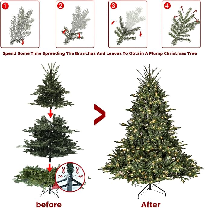 Prelit Christmas Tree 8ft, Artificial Christmas Tree with Lights & Mixed 3258 PE PVC Flame-Retardant Tips, Premium Realistic Spruce Lighted Up LED Xmas Tree for Office Home Decor with Auto Hinged