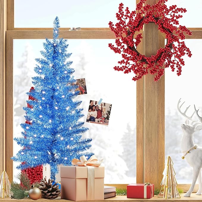 4ft Artificial Full Blue Christmas Tree with Separate Lights, Not Pre-lit Mini Blue Tinsel Pine Christmas Tree, 50 Lights, Small Xmas Tree for Home, Office, Party Decoration, Indoor
