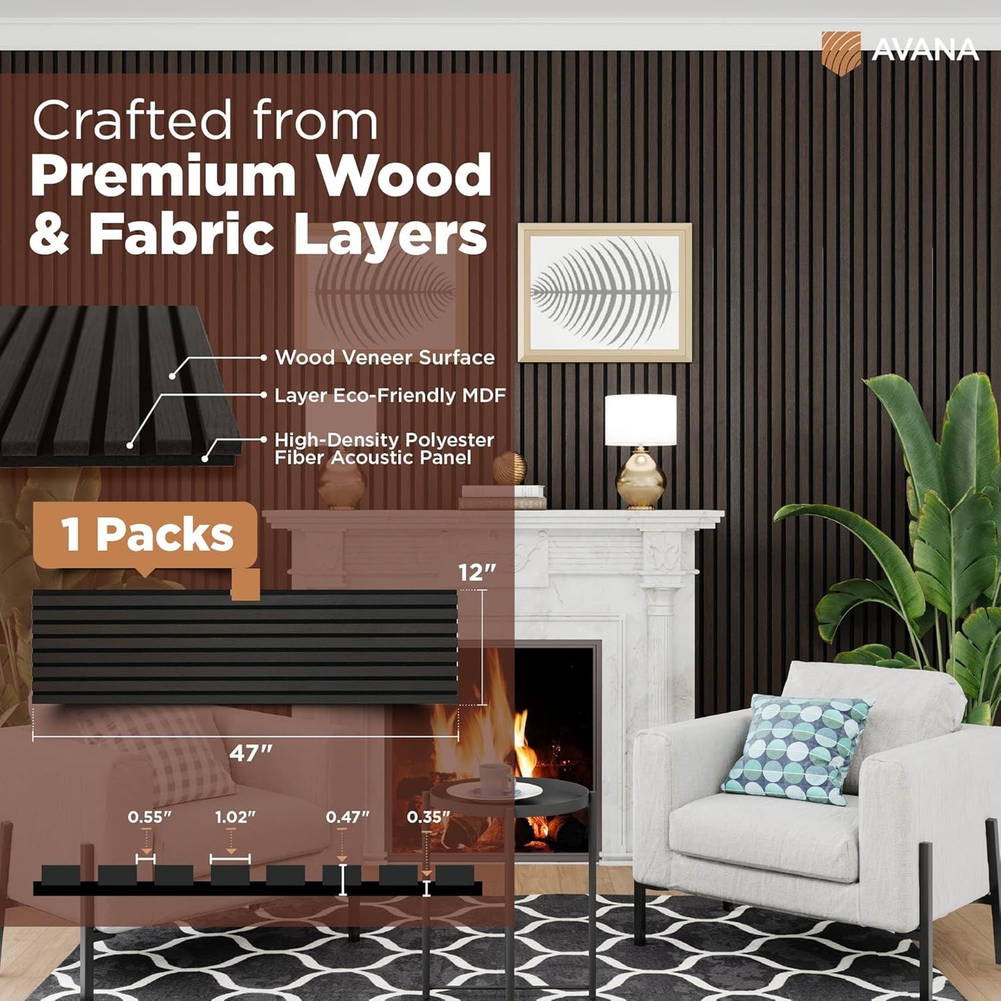 Avana Acoustic Wood Wall Panels – 47.2 x 12.6 Inch Smoke Oak Acoustic Panels 1 PC – Wall Panels For Interior Wall Decor for Homes, Offices, Studios – Modern Sturdy & Durable Wood Panels For Wall