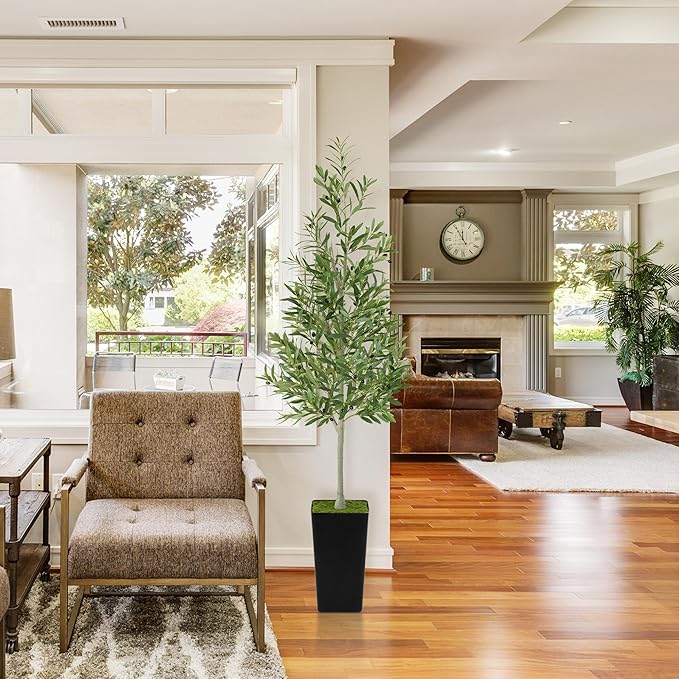 PeoDeco Artificial Faux Olive Tree 6ft Tall Realistic Fake Floor Green Silk House Potted Plants Large for Bedroom Living Room Home Office Decor Indoor Outdoor with Pot