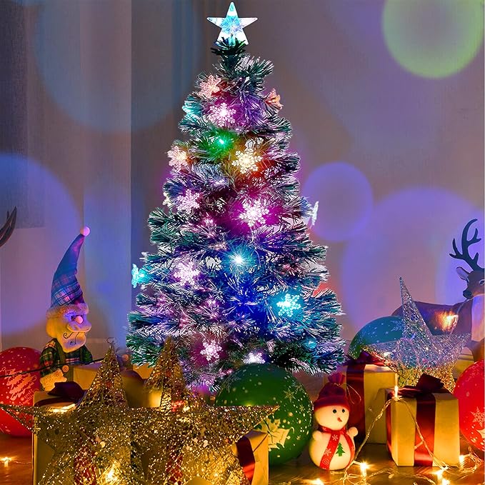 Juegoal 5 ft Pre-Lit Artificial Christmas Tree, Lighted Optical Fiber Xmas Trees with RGB Color Changing LED Lights, Snowflakes & Top Star, Festive Party Holiday Fake Multicolored Tree with Metal Legs