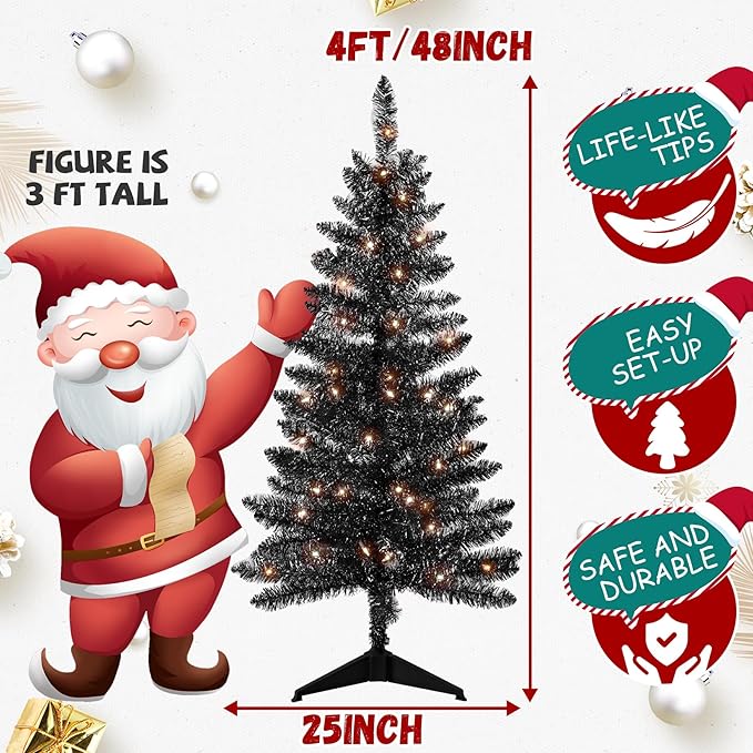 4ft Artificial Full Black Christmas Tree with Separate Lights, Not Pre-lit Mini Black Tinsel Pine Christmas Tree, 50 Lights, Small Xmas Tree for Home, Office, Party Decoration, Indoor