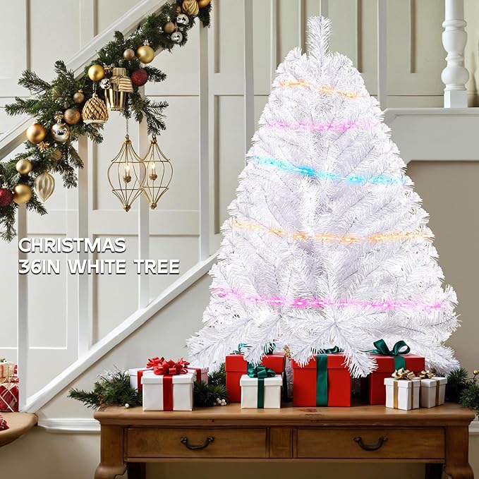 White 3ft Christmas Tree with Lights, Small 36inch Artificial Tree Mini Table Top Decorations, Xmas Desk Tree with 80 Colored Lights, 200 Branch, Holiday Decor for Home,Indoor Office Tabletop