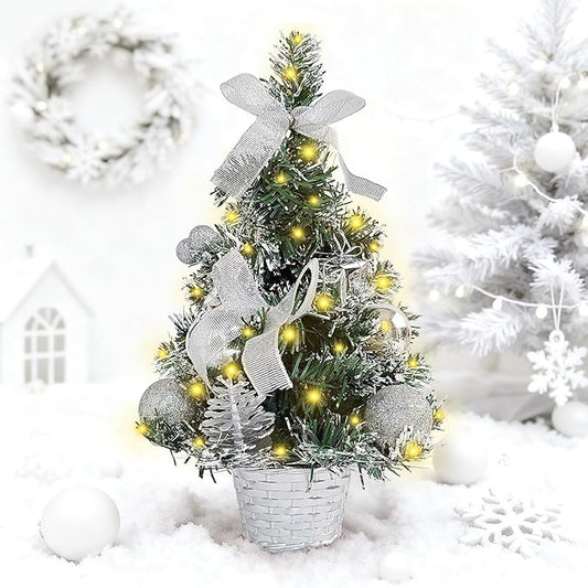 Tabletop Christmas Tree 11.81Inches Mini Artificial Christmas Tree with LED String Lights, Tabletop Small Xmas Tree for Holiday Indoor Christmas Decorations Silver