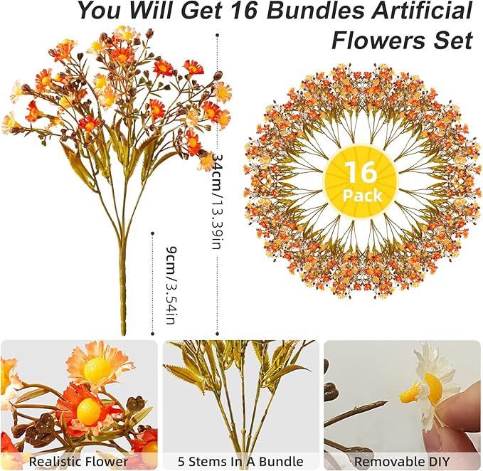 Artificial Daisy Flowers for Outdoor 16 Bundles Faux Daisy Flower UV Resistant No Fade Floral for Home Indoor Outside Garden Porch Window Box Balcony Yard Porch Fall Decor (Orange)