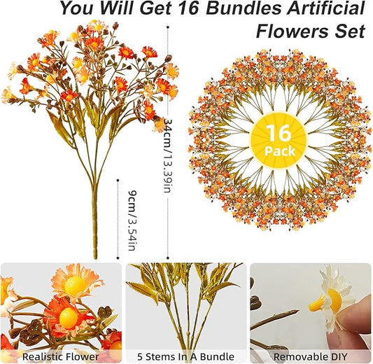 Artificial Daisy Flowers for Outdoor 16 Bundles Faux Daisy Flower UV Resistant No Fade Floral for Home Indoor Outside Garden Porch Window Box Balcony Yard Porch Fall Decor (Orange)