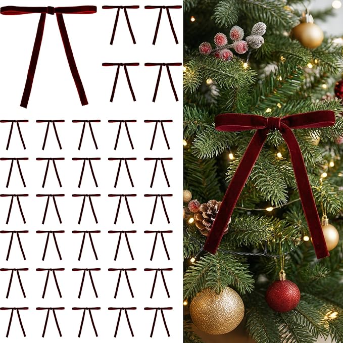 36 Pcs Velvet Christmas Tree Bows Decor, Vintage Wreath Bow for Christmas Garland, Gift Wrapping, Xmas Tree, 3/8'' Wide, 5 * 7 inch (Burgundy Red)
