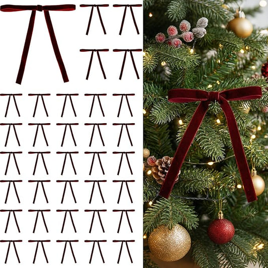 36 Pcs Velvet Christmas Tree Bows Decor, Vintage Wreath Bow for Christmas Garland, Gift Wrapping, Xmas Tree, 3/8'' Wide, 5 * 7 inch (Burgundy Red)