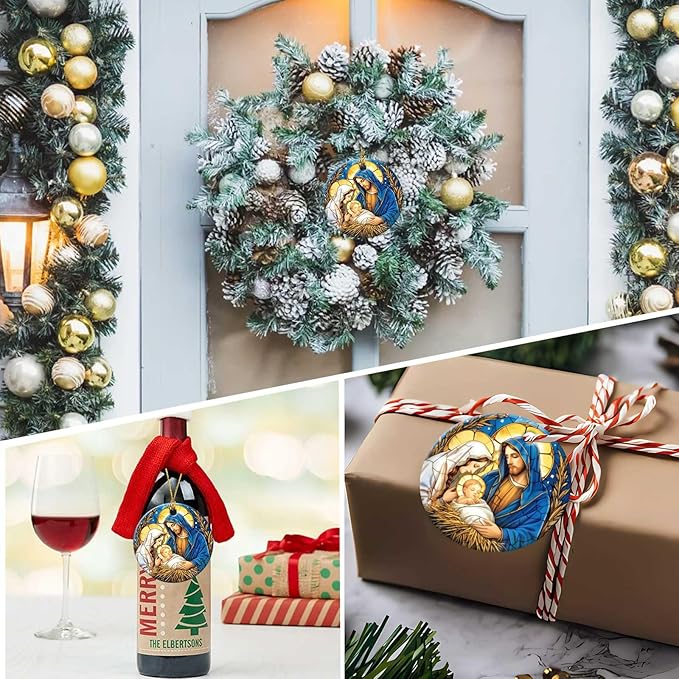 Nativity Night Ornaments Round Ceramic Stained Glass Style Birth of Jesus Christ Ornament Christmas Keepsake Decor for Christmas Tree Winter for Women Men Xmas Hanging Ornament 3"