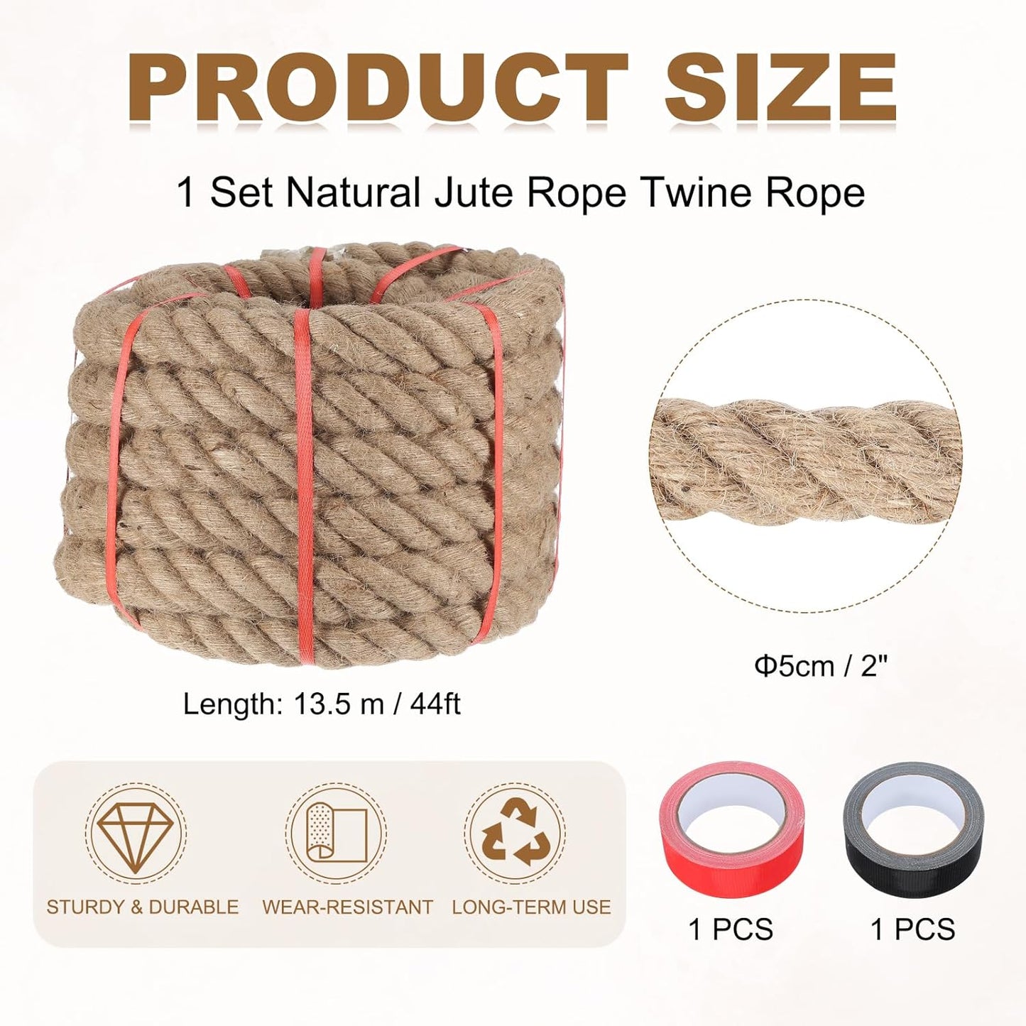 MECCANIXITY Jute Rope 2 Inch x 44ft, Thick Twine Rope Ropes Braided Jute Twine Natural Brown Burlap Cord String Heavy Twisted with Tapes for Decorative Crafts Railing Swing Tug of War
