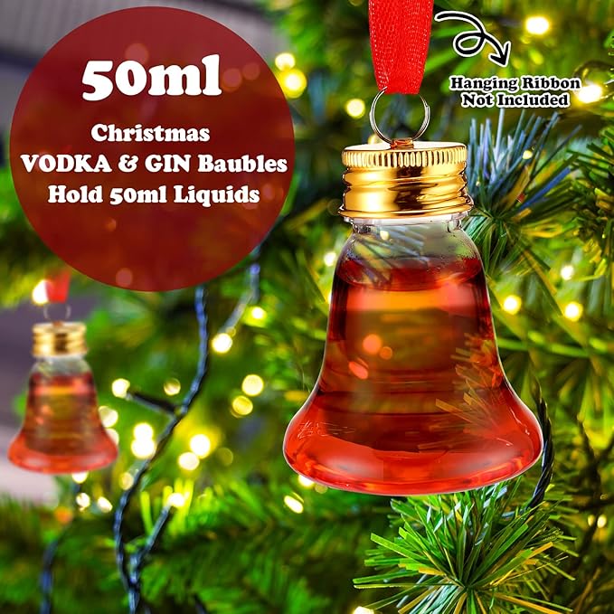 Patelai 18 Pcs Christmas Drink Balls Clear Shot Glass Ornaments Xmas Tree Fillable Ornaments Plastic Xmas Water Bottle Bulbs for Holiday Party Decorations(Bell,50 ml)