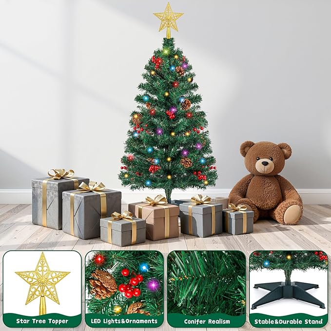 3FT Artificial Christmas Tree with Lights - 12 Lighting Modes, Timer&Ornaments, Mini Fake Xmas Tree for Tabletop, Home, Office, Christmas Decoration Tree Decor