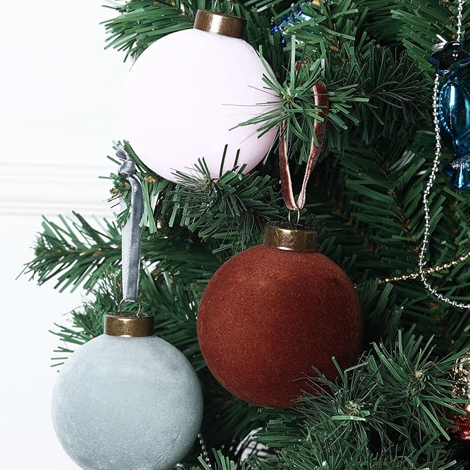 12 Pcs Velvet Christmas Balls Bulk Shatterproof Plastic Christmas Tree Decorations for Decorative Hanging Baubles (12, Green、Brown、Pink、Haze Blue, 3.94Inch)