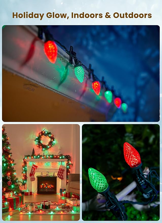 C9 LED Christmas Lights Outdoor, 68 Feet 100 LED Strawberry String Lights With 100 Spring Clamps, Waterproof Commercial Grade Extendable for Outside Roofline Patio Home Xmas Decoration, Red & Green